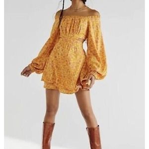 Free People Womens Jael Dress Yellow Orange Floral Cut Out Waist Mini Boho M